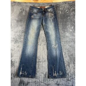 Vintage Hint‎ Flare Jeans Womens 1 Blue Denim Cotton Studded Distressed Mid Rise